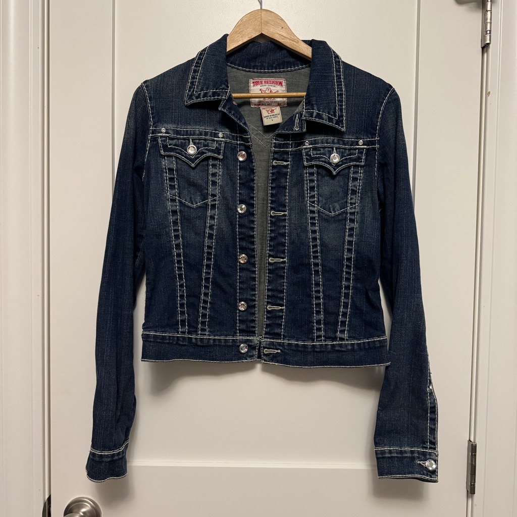 True Religion Disco Emily Big T Denim Jacket Crystal Rhinestone Buttons L